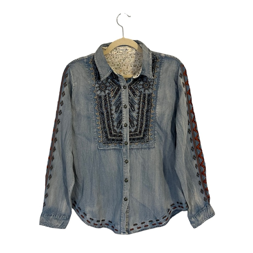 Tasha Polizzi Embroidered Chambray Boho Western Button Down Blouse